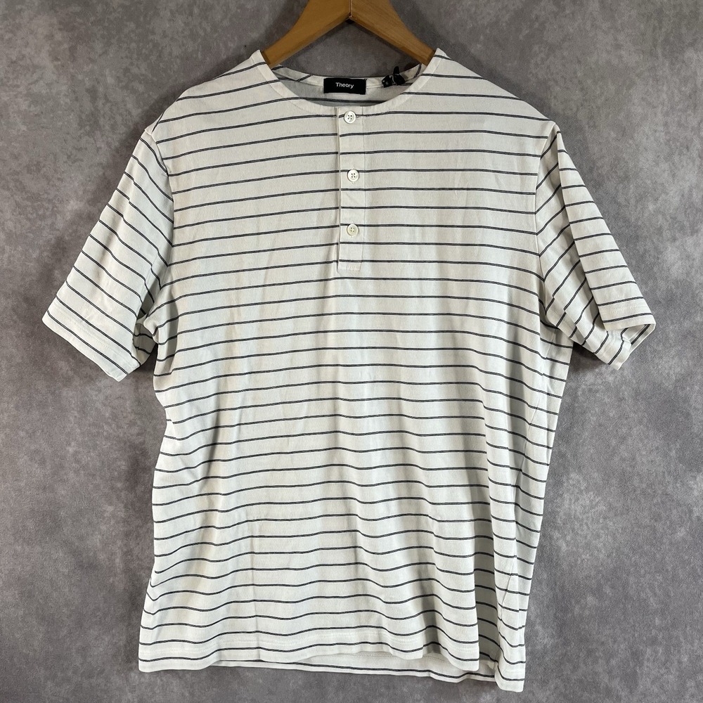 Theory Relaxed Henley Mens Large White Navy Striped Cotton Jersey Shirt